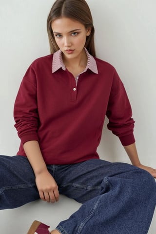 Oversized Polo Neck Sweatshirt with Woven Garni Detail