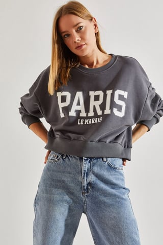 Cropped Crew Neck Cotton Sweatshirt with Front Text Print