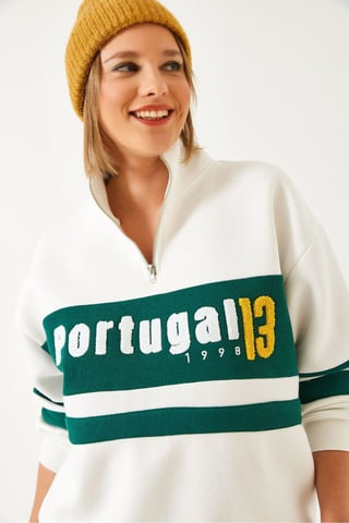 Zip-halsad sweatshirt med pompom