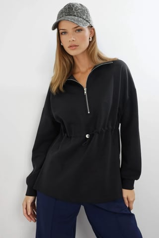 Zipper Collar Sweatshirt with Adjustable Waist