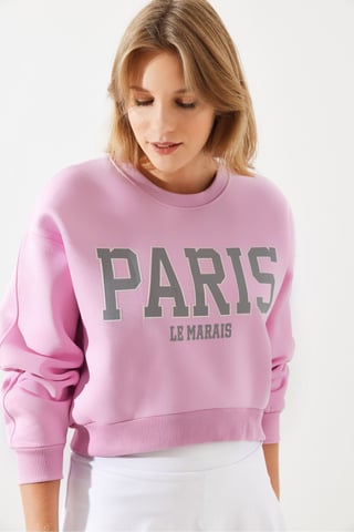 Cropped Crew Neck Cotton Sweatshirt with Front Text Print