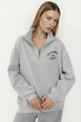 Tryckt Dragkedja Krage Avslappnad Passform Sweatshirt