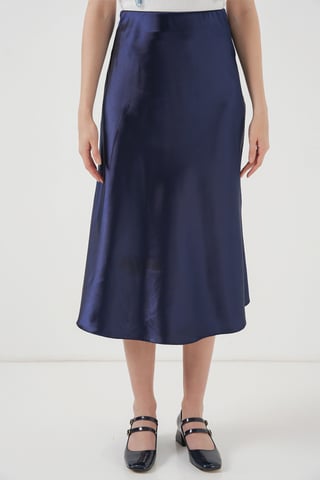 Satin A-Line Elastic Waist Midi Skirt