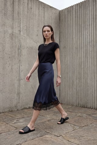 Lace Detailed Satin Midi Skirt