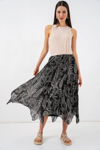 High Waist A-Line Midi Skirt in Paisley Print