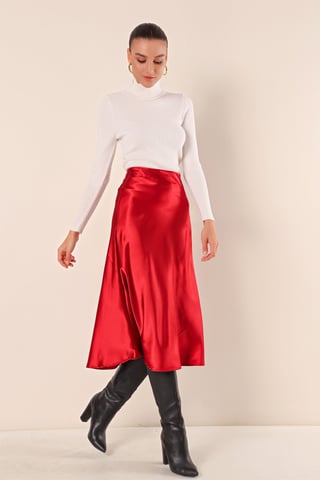 Satin A-Line Elastic Waist Midi Skirt