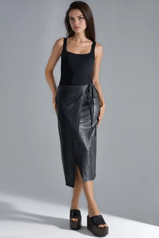 Faux Leather Midi Skirt with Bow Detail