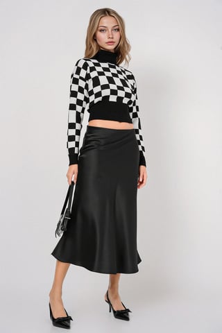 Satin A-Line Elastic Waist Midi Skirt