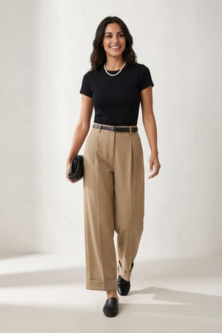 Belted Turnup Leg Pleated Trousers