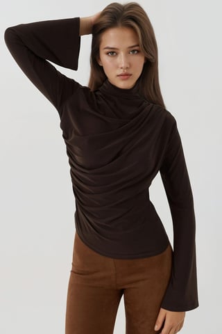Draped Half Turtleneck Long Sleeve Slim Fit Top