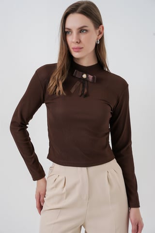 Fitted Long Sleeve Half Turtleneck Blouse with Ribbon Detail