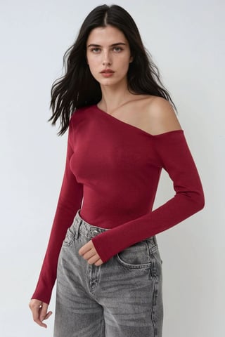 Asymmetrisk Hals Långärmad Slim Fit Topp