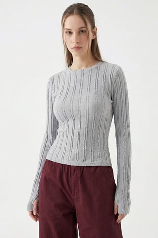 Ribbed Crew Neck Long Sleeve Blouse