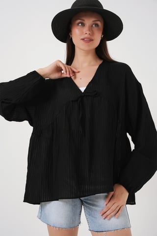 Gestructureerde Seersucker V-hals Blouse met Strikje