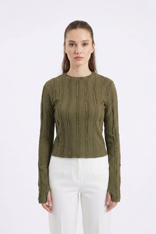 Ribbed Crew Neck Long Sleeve Blouse