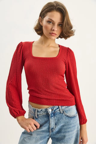 Slim Fit Square Collar Textured Blouse