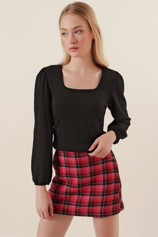 Textured Square Collar Long Sleeve Blouse
