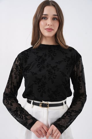 Flocked Print Crew Neck Blouse