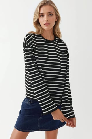 Randig Crew Neck Långärmad Topp i Bomull