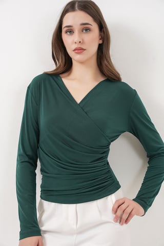 Double Breasted Long Sleeve Blouse with Gathering Detail