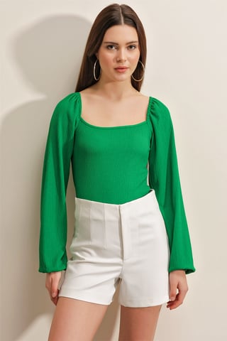 Fitted Textured Blouse with Square Collar and Ruffle Detail