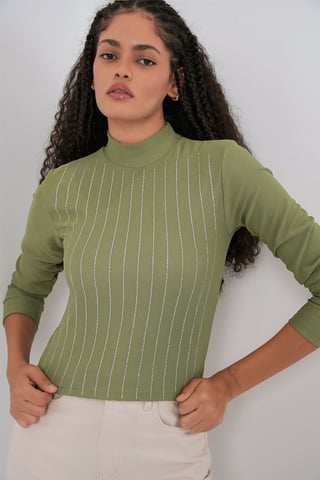 Striped Half Turtleneck Long Sleeve Top with Stone Detail