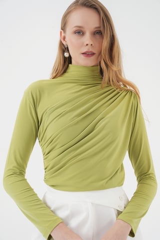 Fitted Turtleneck Blouse with Drape Detail