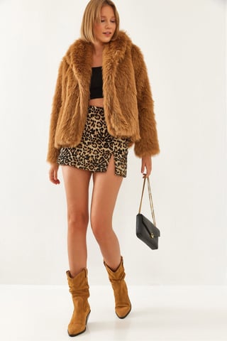 Faux Fur Cropped Open Collar Coat