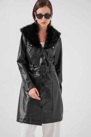 Faux Leather Long Coat with Faux Fur Collar
