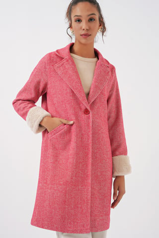 Herringbone Pattern Wool-Acrylic Coat with Shawl Collar