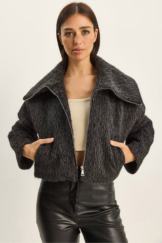 Textured Plush Bomber with Zipper Closure