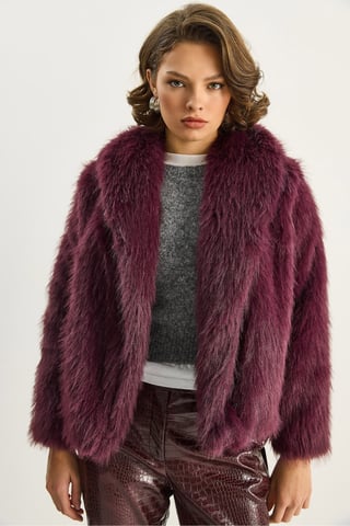 Faux Fur Cropped Open Collar Coat