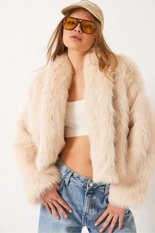 Faux Fur Cropped Open Collar Coat