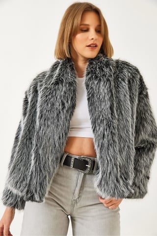 Faux Fur Cropped Open Collar Coat