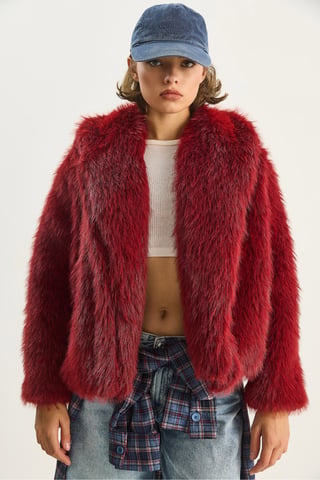 Faux Fur Cropped Open Collar Coat