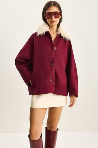 Oversized Plush Coat with Fur Collar