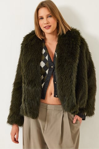 Faux Fur Cropped Open Collar Coat