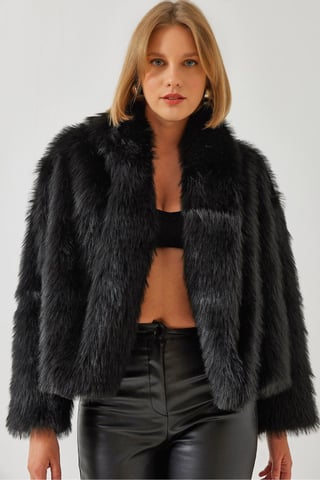 Faux Fur Cropped Open Collar Coat