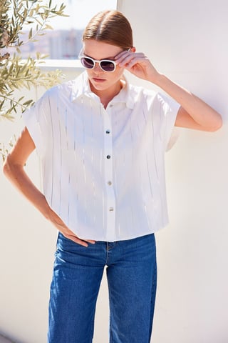 Striped Button-Up Shirt with Pompom Detail