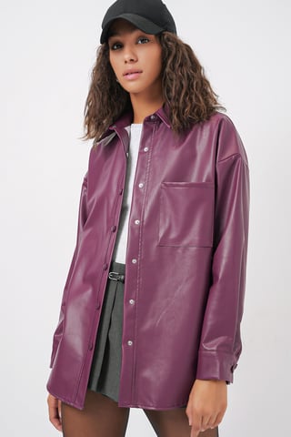 Oversized Faux Leather Lange Mouwen Overhemd met Knopen en Zak
