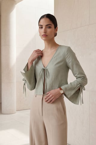 Crop Tie Detail V-Neck Linen Shirt