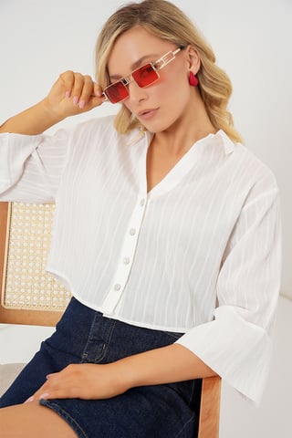 Oversized Randig Croppad Skjorta med Knappar