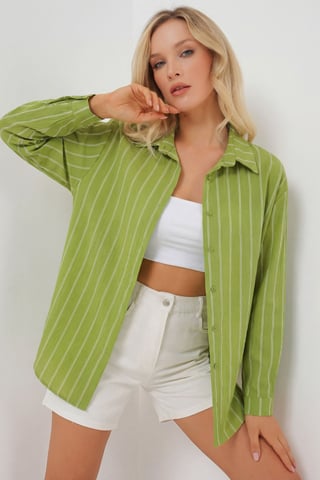 Textured Striped Oversized Shirt with Button Closure