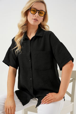 Loose Fit Linen Blend Button-Up Shirt with Pocket