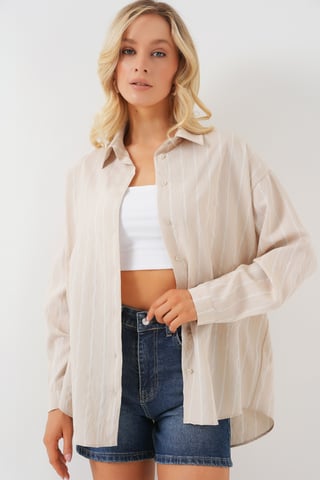 Textured Striped Oversized Shirt with Button Closure