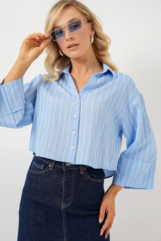 Oversized Striped Cropped Shirt with Button Closure