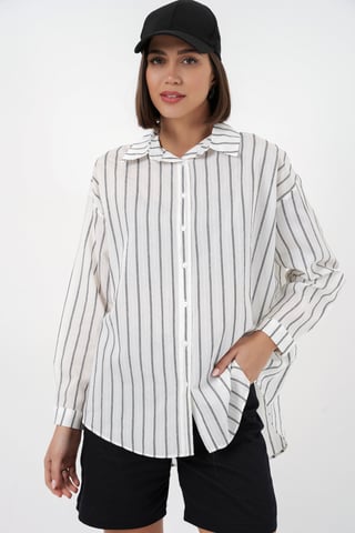 Textured Striped Oversized Shirt with Button Closure