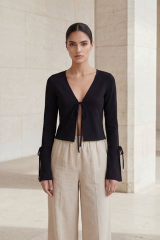 Crop Tie Detail V-Neck Linen Shirt
