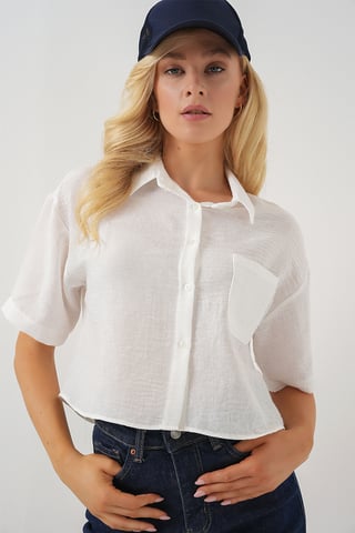 Texturerad Cropped Skjorta med Ficka