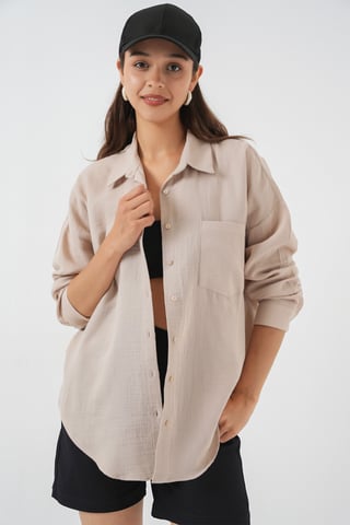 Oversized Pocket Detailed Linen Blended Shirt
